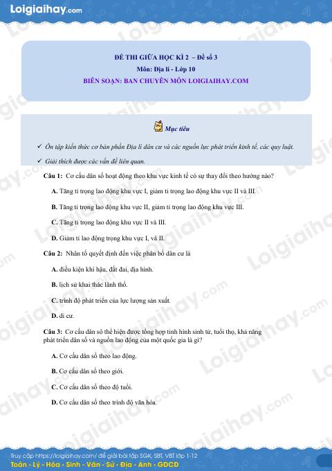Đề thi giữa kì 2 Địa lí 10 - Đề số 3